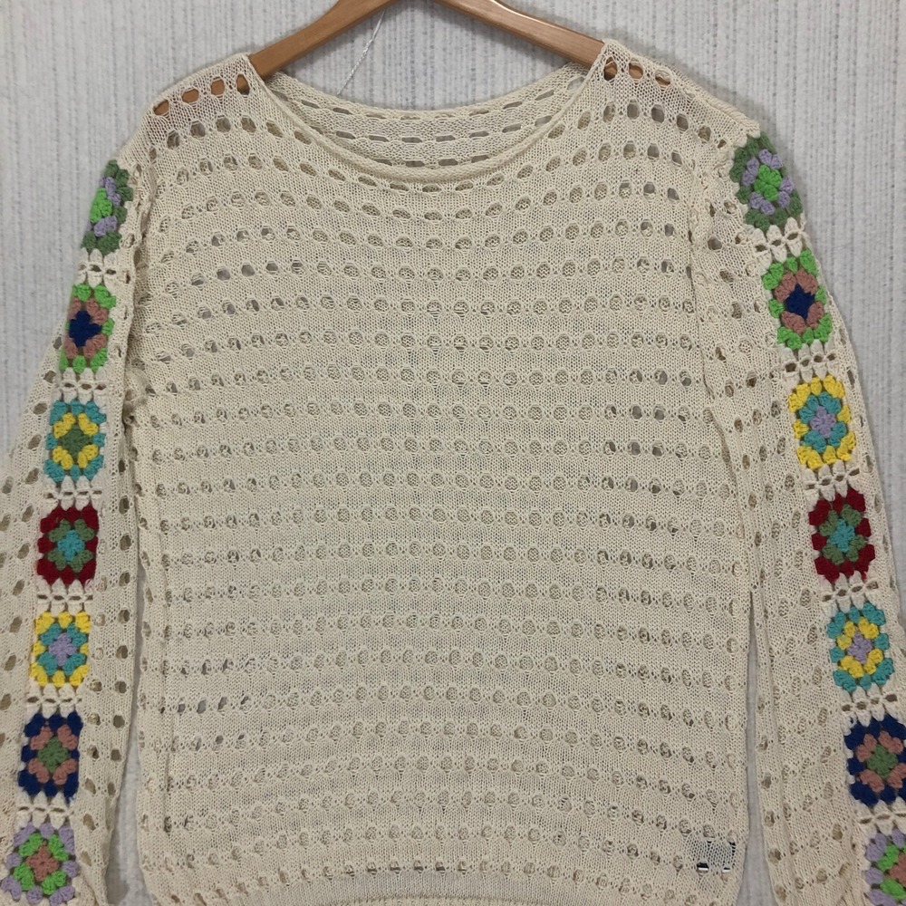 Cream Crochet Knit Granny Square Sleeve Sweater Top SHEIN Size M